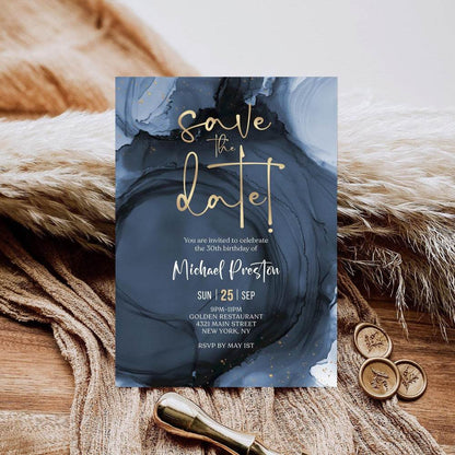 Navy Blue Gold Save the Date Invitation Template – Editable Birthday Party Announcement Card, Printable Modern Digital Invite Download