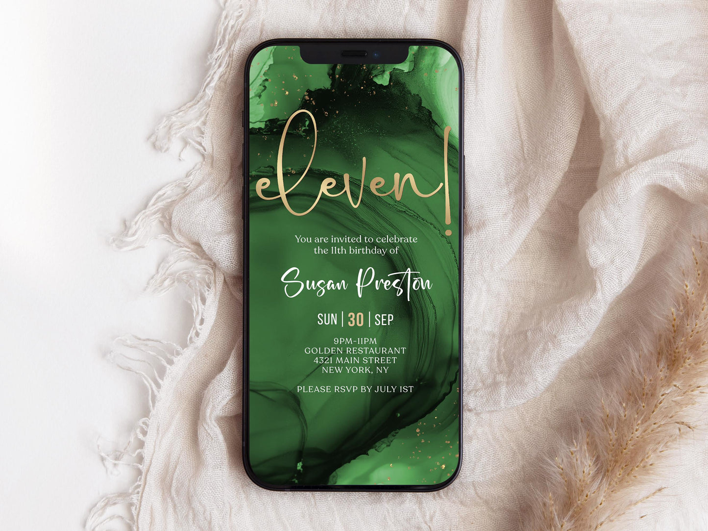 Green Emerald Gold 11th Birthday Invitation Template – Digital Birthday Party Invite – Editable Electronic Evite for Email & Text – Instant Download