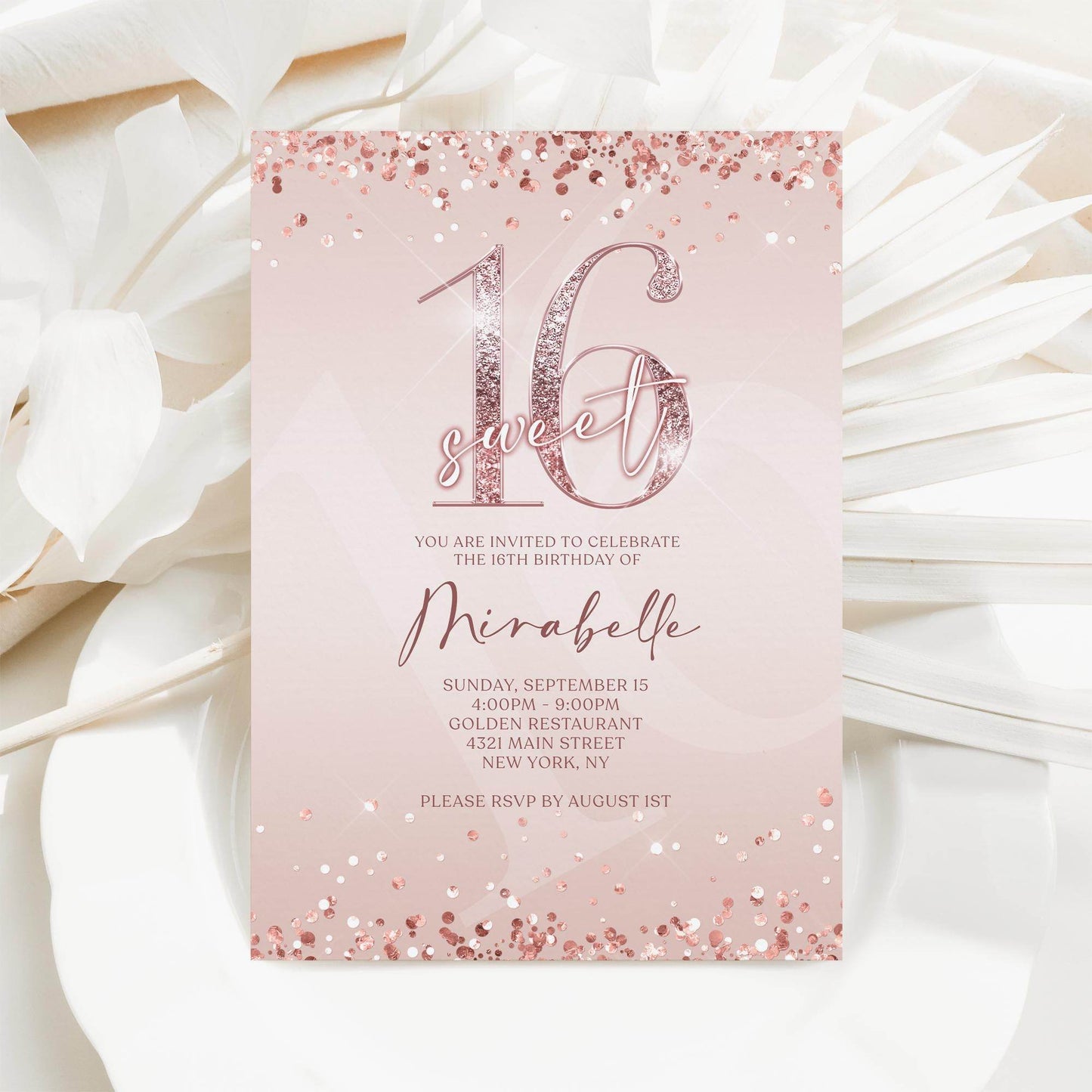 Sweet 16 Birthday Invitation – Pink Rose Gold Editable Sixteenth Invite – Text or Email Digital Template – Instant Download