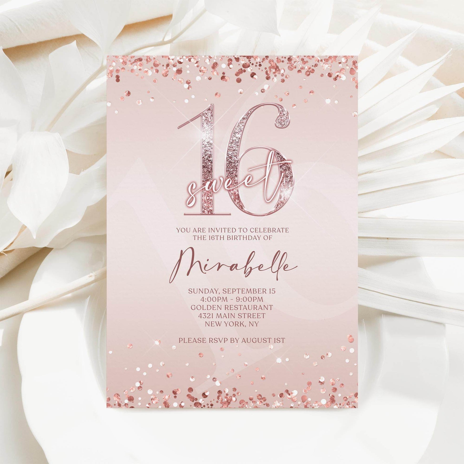 Sweet 16 Birthday Invitation – Pink Rose Gold Editable Sixteenth Invite – Text or Email Digital Template – Instant Download