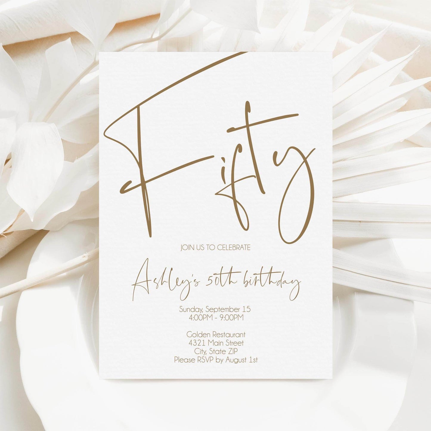 Simple 50th Birthday Invitation Template | Minimalist Editable Fifty Invite | Printable Adult Birthday Card | White Modern Birthday Evite