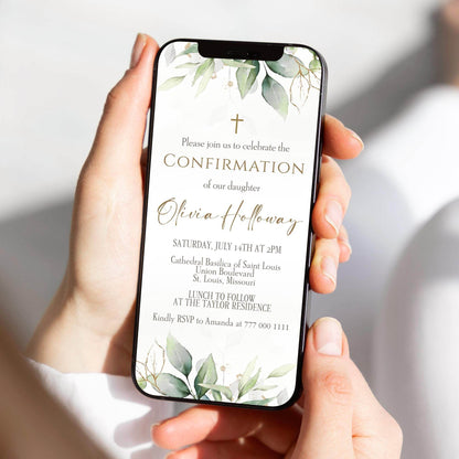 Digital Confirmation Invitation Template, Electronic Greenery Confirmation Invite, Boy or Girl Confirmation. Editable Confirmation Template, Phone Text Message Evite, Instant Download, Custom Mobile Invite