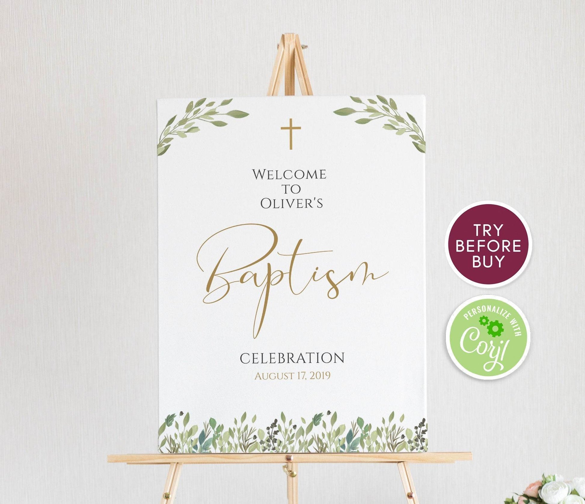 Greenery Baptism Welcome Sign, Welcome to Baptism Sign Template, Printable Christening, Boy Girl Baptism Decor, Instant Download Editable