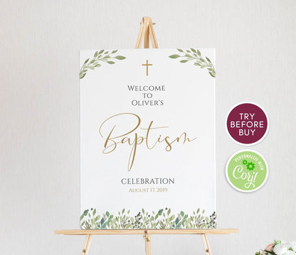 Greenery Baptism Welcome Sign, Welcome to Baptism Sign Template, Printable Christening, Boy Girl Baptism Decor, Instant Download Editable