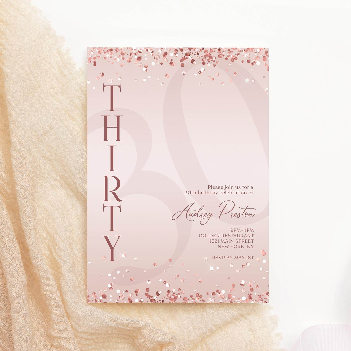 Luxury Rose Gold 30th Birthday Invitation – Editable Pink Surprise Party Invite – Digital Text or Email Template – Instant Download