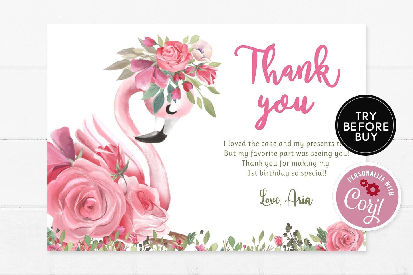 Pink Flamingo Thank You Card, Flamingo Pool Party Thank You Card, Hawaiian Tropical Card, Flamingo Birthday Party Editable Printable Digital