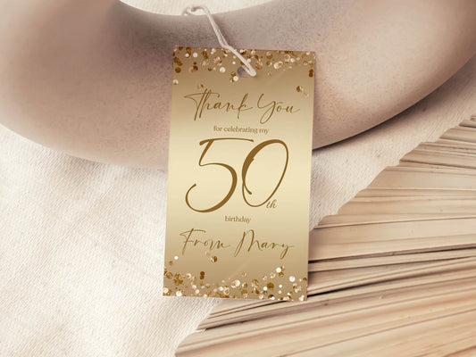 Fifty 50th Birthday Gold Favor Tags, Printable Thank You Tag, Thank You Tag, Gold Confetti Tag, Any Age Birthday Tag, Editable Thank You Tag