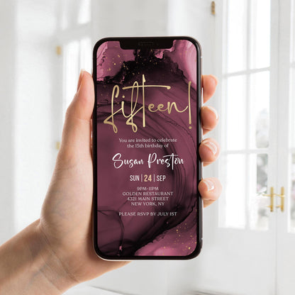 Digital Maroon Purple & Gold 15th Birthday Invitation Template