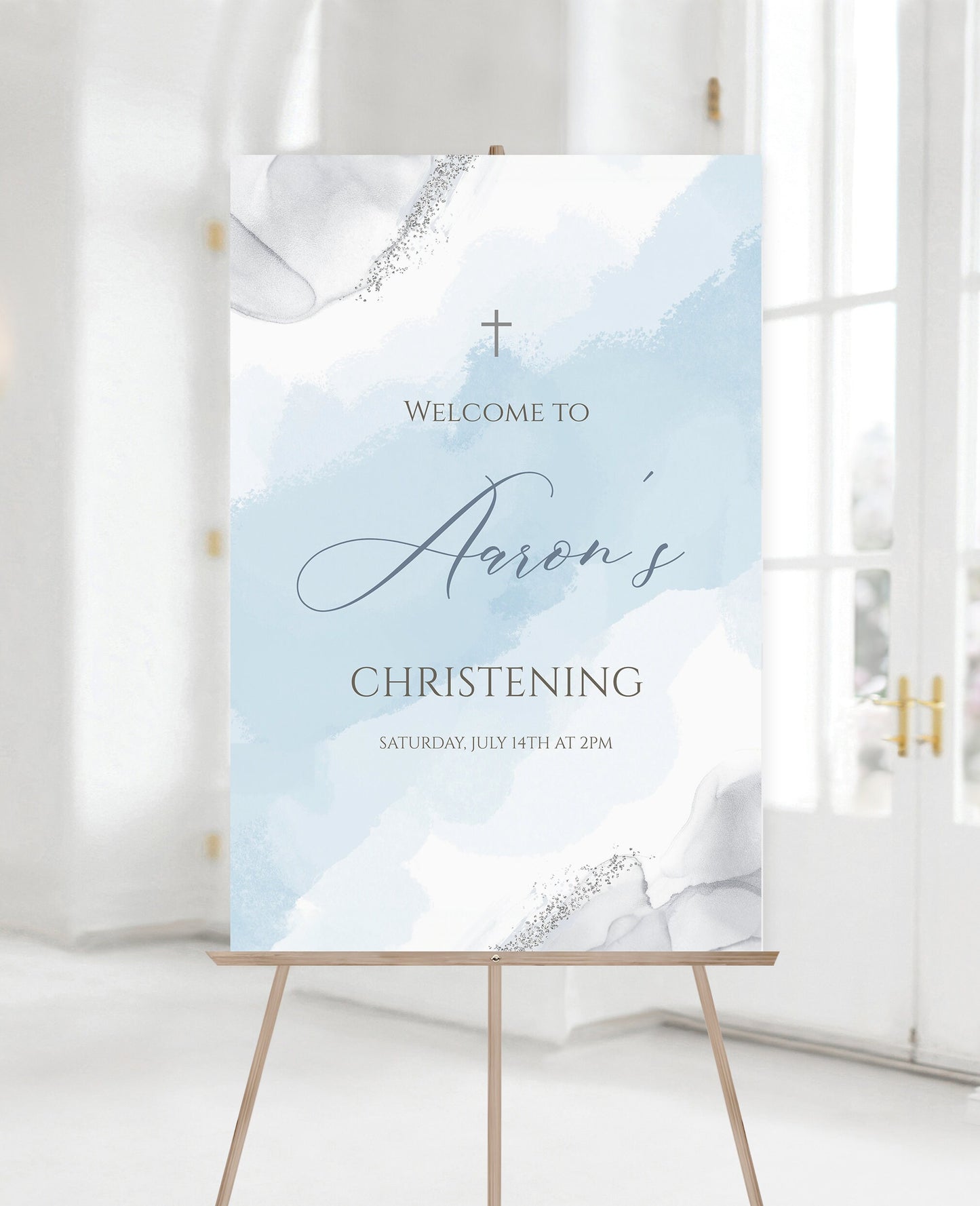 Blue Silver Boy Christening Welcome Sign Template, Printable Christening Welcome Poster, Editable Baptism Welcome Board, Christening Decor