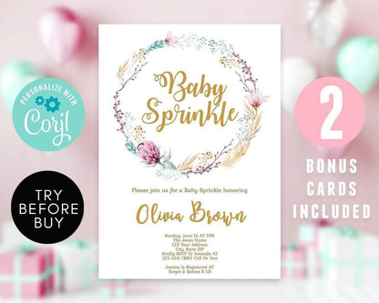 Pink and Gold Baby Sprinkle Invitation – Floral Girl Shower Invite Bundle – Editable Canva Template – Printable Digital Download