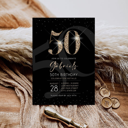 Luxury 50th Fifty Birthday Invitation Template, Printable Black Gold Men's Invite, Editable Invitation, Elegant Invite, Email Text Message