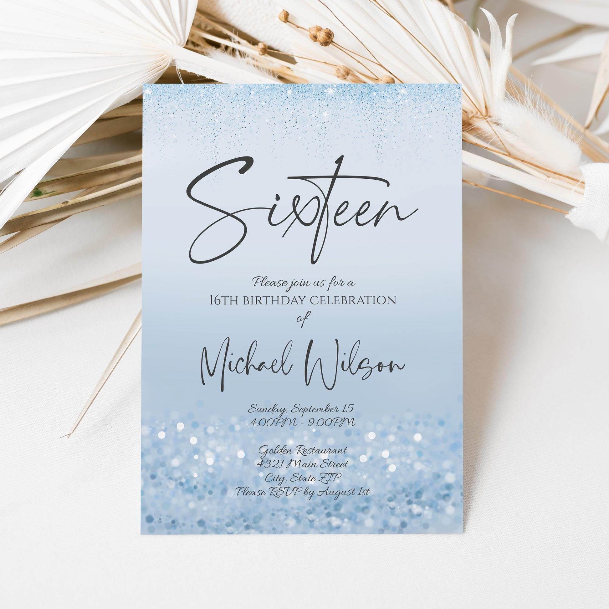 Blue 16th Birthday Invitation Template – Editable Boy Sixteen Party Invite | Modern Confetti Design | Printable or Text Message Digital Download