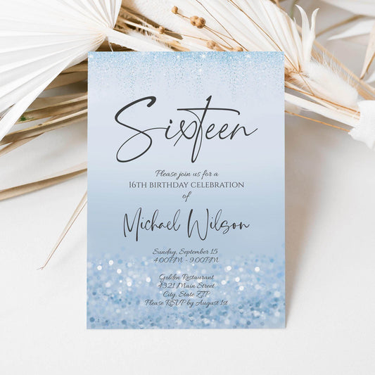 Blue 16th Birthday Invitation Template – Editable Boy Sixteen Party Invite | Modern Confetti Design | Printable or Text Message Digital Download