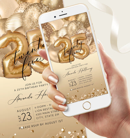 Digital 25th Birthday Invitation | Editable Gold Balloons Evite | Twenty Five Birthday Text Message Invite | Custom Mobile Party Template