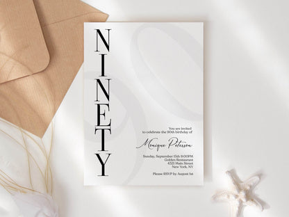 Simple 90th Birthday Invitation Template, Minimalist Editable Invite, Printable Modern Ninety Birthday Card, Elegant 90th Birthday Download