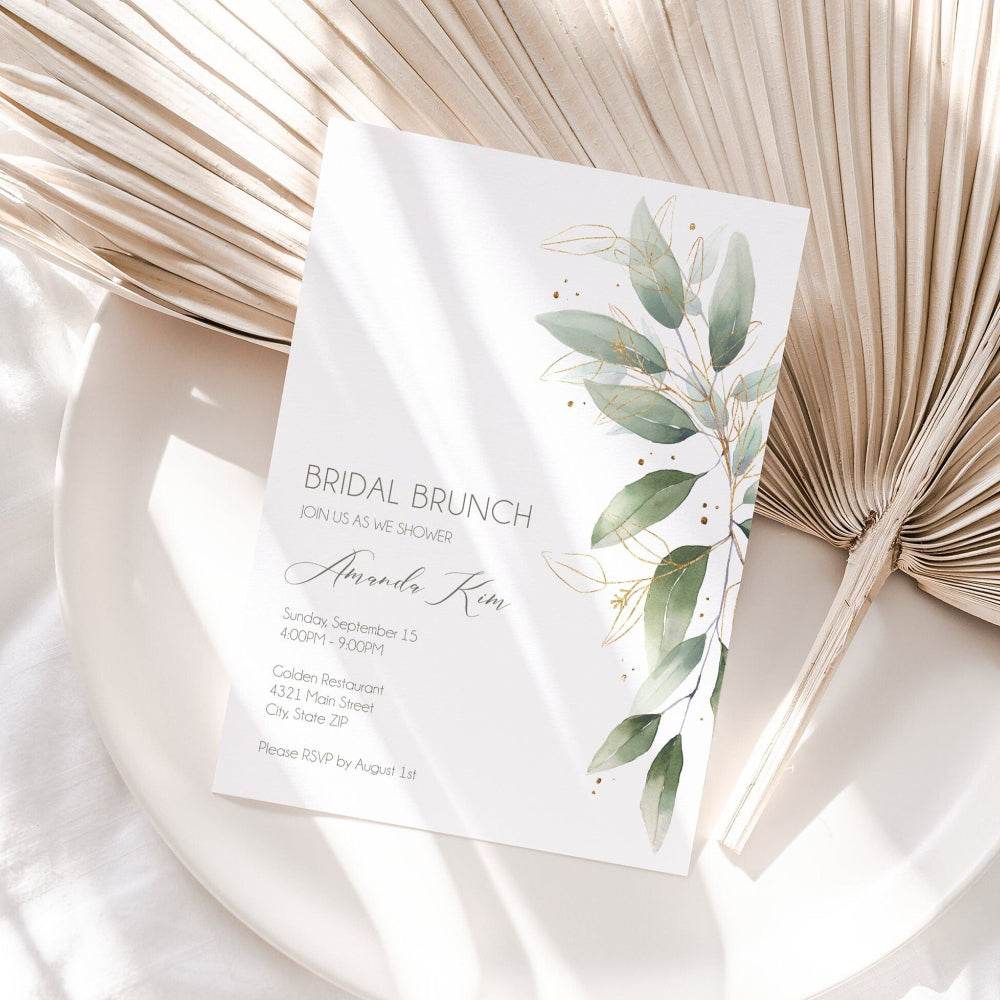 Bridal Brunch Shower Invitation Template – Greenery Watercolor & Gold Foil – Elegant Bridal Shower Invite – Editable Bridal Brunch Invitation