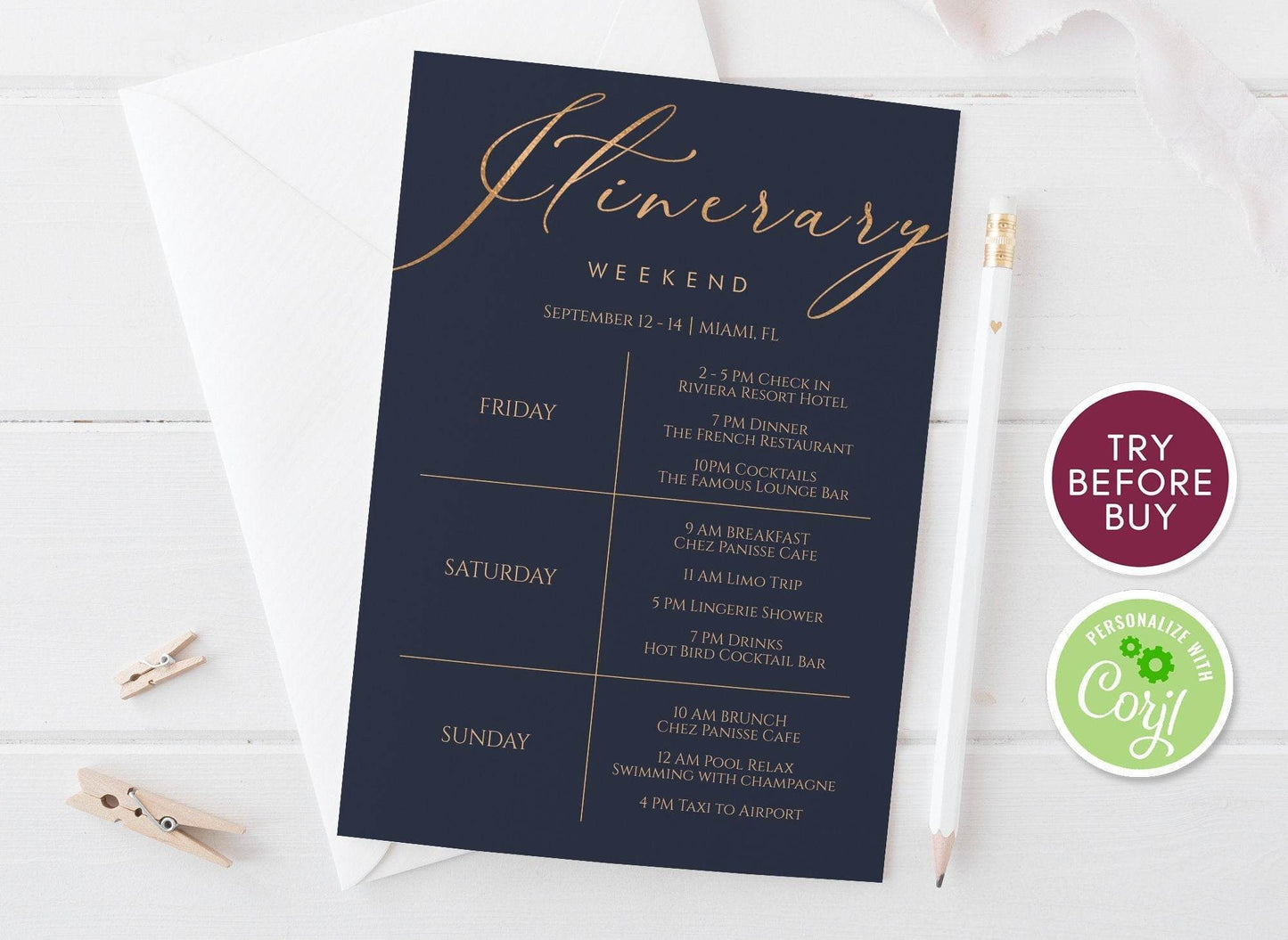 Printable Itinerary Template, Editable Gold Navy Weekend Schedule, Bachelorette or Hens Party Itinerary, Birthday Trip Planner, Instant Download