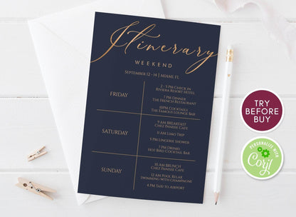 Printable Itinerary Template, Editable Gold Navy Weekend Schedule, Bachelorette or Hens Party Itinerary, Birthday Trip Planner, Instant Download