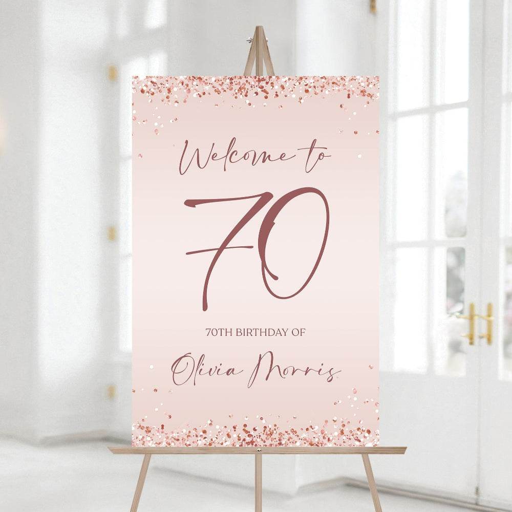 Rose Gold 70th Birthday Welcome Sign – Editable Printable Party Poster – Seventy Birthday Banner Template – Elegant Rose Gold Birthday Decor