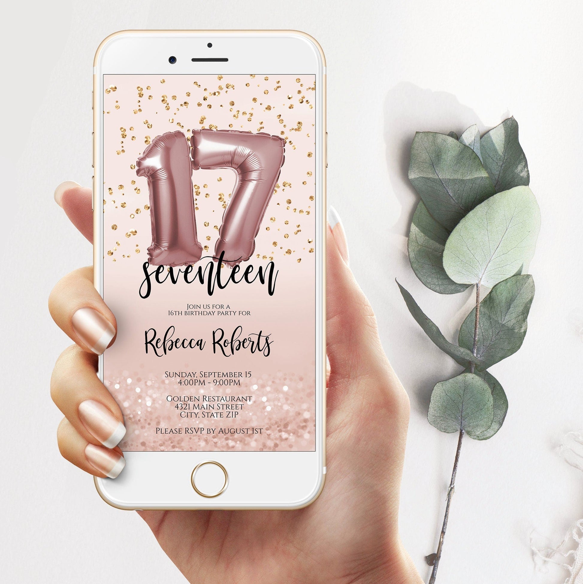 17th Birthday Invitation Electronic, Seventeen Editable Invite for girl, 17, SMS Invite, Evite, Digital Template, iPhone text message, Corjl