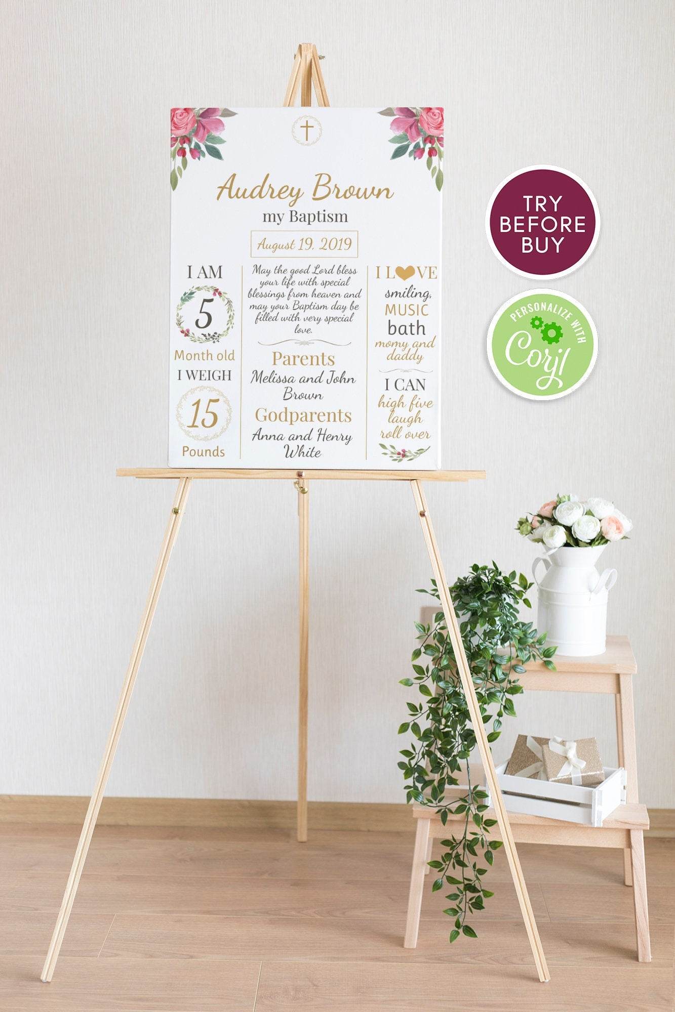 Girl Baptism Milestone Sign, Chalkboard Christening Poster, Floral Baby Baptism Welcome Sign, Editable Printable Template