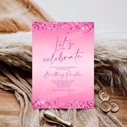 Fuchsia Pink Birthday Invitation Template, Editable Let’s Celebrate Party Evite, Digital Text Message Invite for Women, Any Age, Instant Download