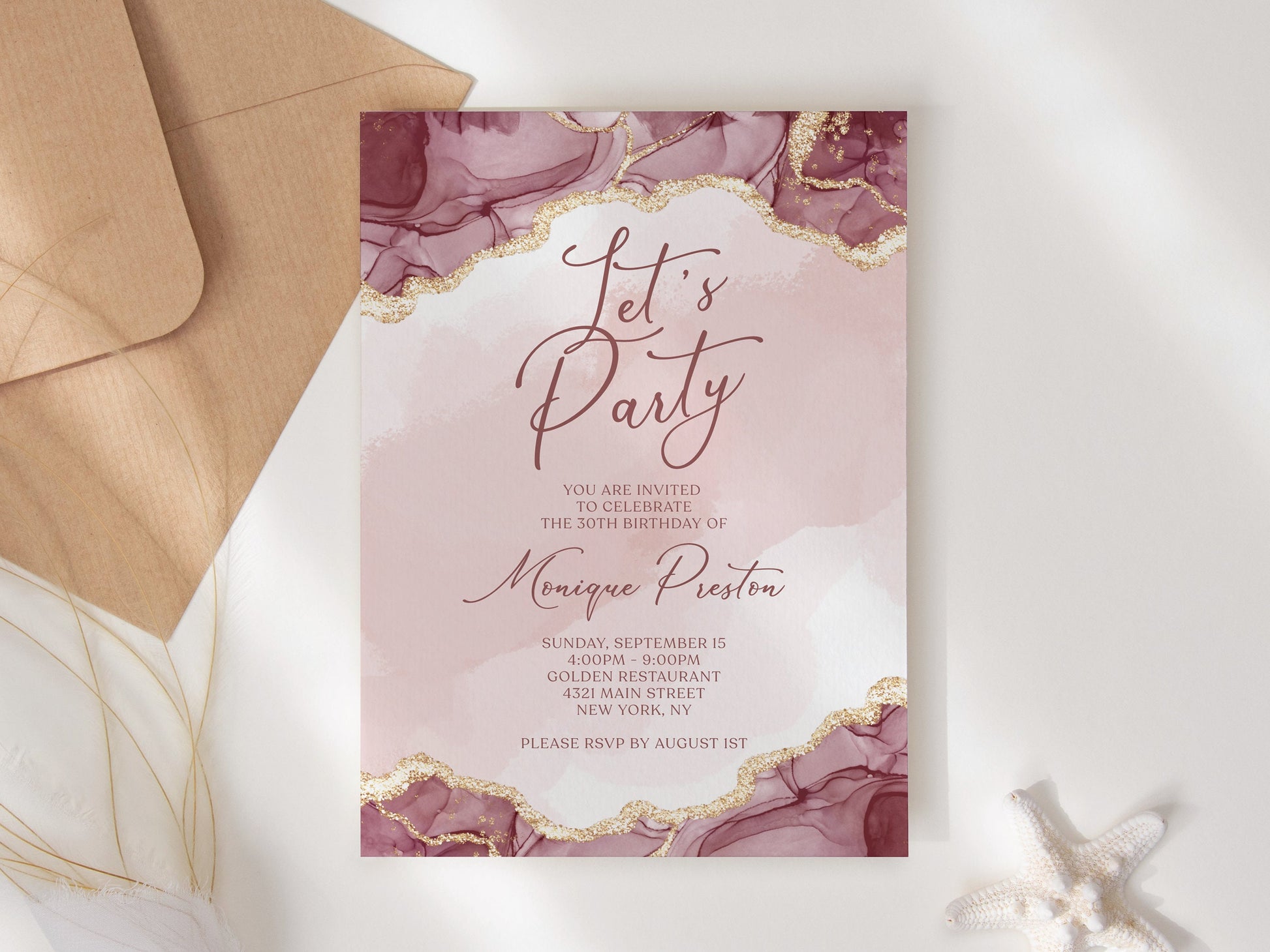 Burgundy Pink Gold Let's Party Invitation | Editable Template - Instant Download