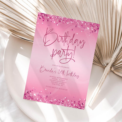 Pink 30th Birthday Invitation Template – Editable Hot Pink Fuchsia Party Invite | Printable Digital Birthday Card | Instant Download