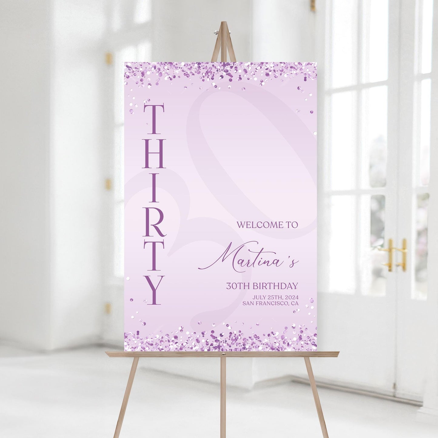 Editable Purple Birthday Welcome Sign Template, Printable Lavender Confetti Birthday Poster, Birthday Sign Decor, Any Age Birthday Board