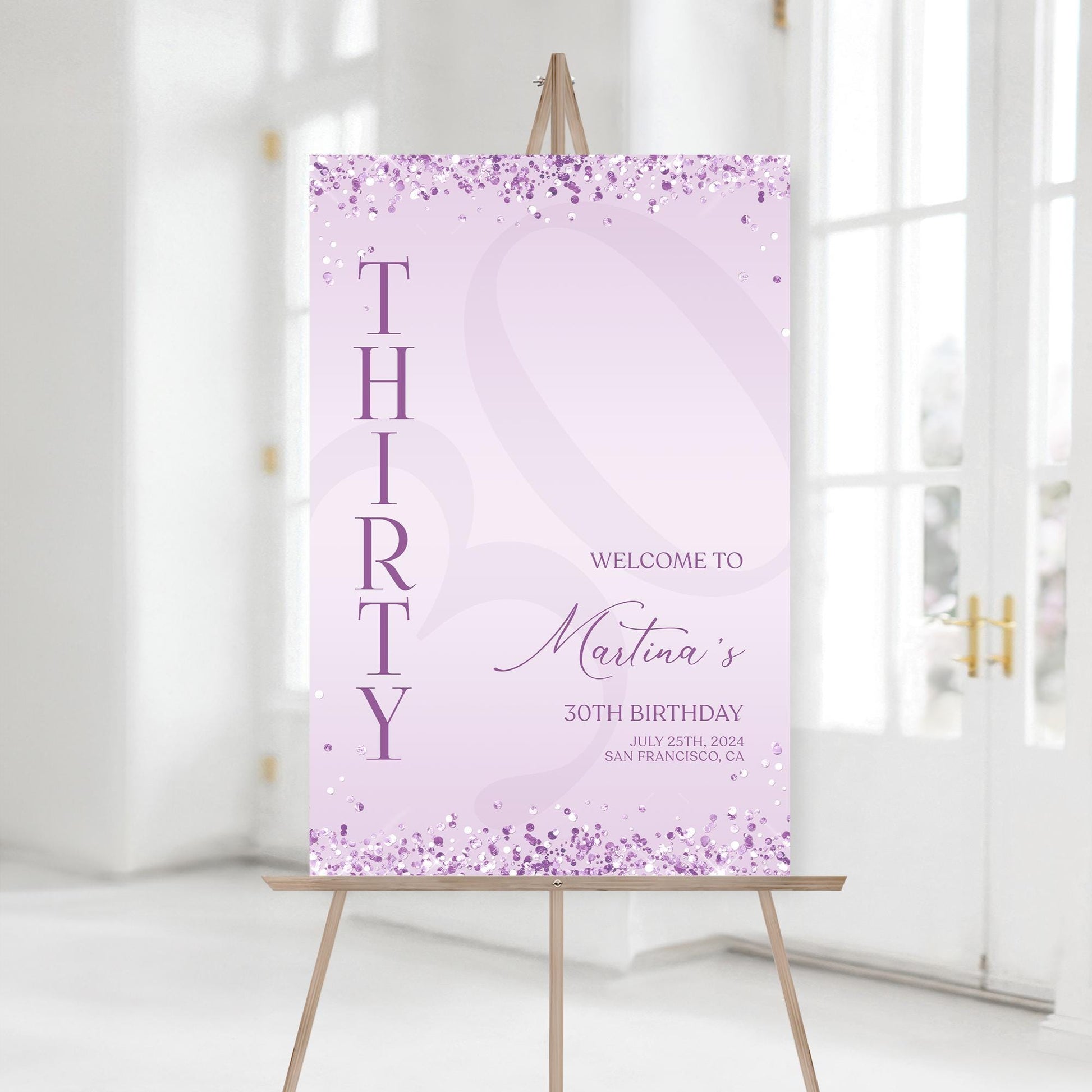 Editable Purple Birthday Welcome Sign Template, Printable Lavender Confetti Birthday Poster, Birthday Sign Decor, Any Age Birthday Board