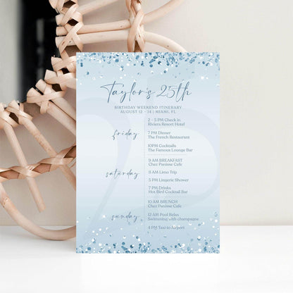 Editable Blue Silver Any Age Birthday Itinerary Template, Printable Blue Confetti Itinerary, Ladies Weekend Itinerary, Email Text Message