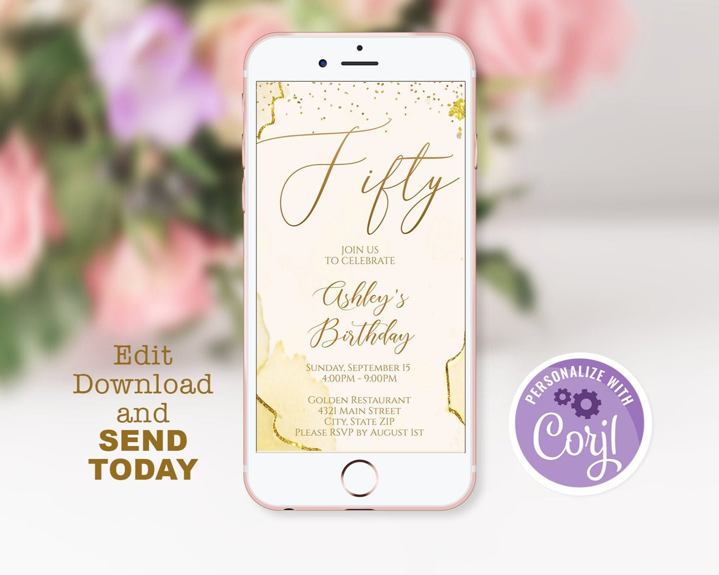 50th Birthday Invite: Gold, Beige, Instant Download - Celebrate Fifty