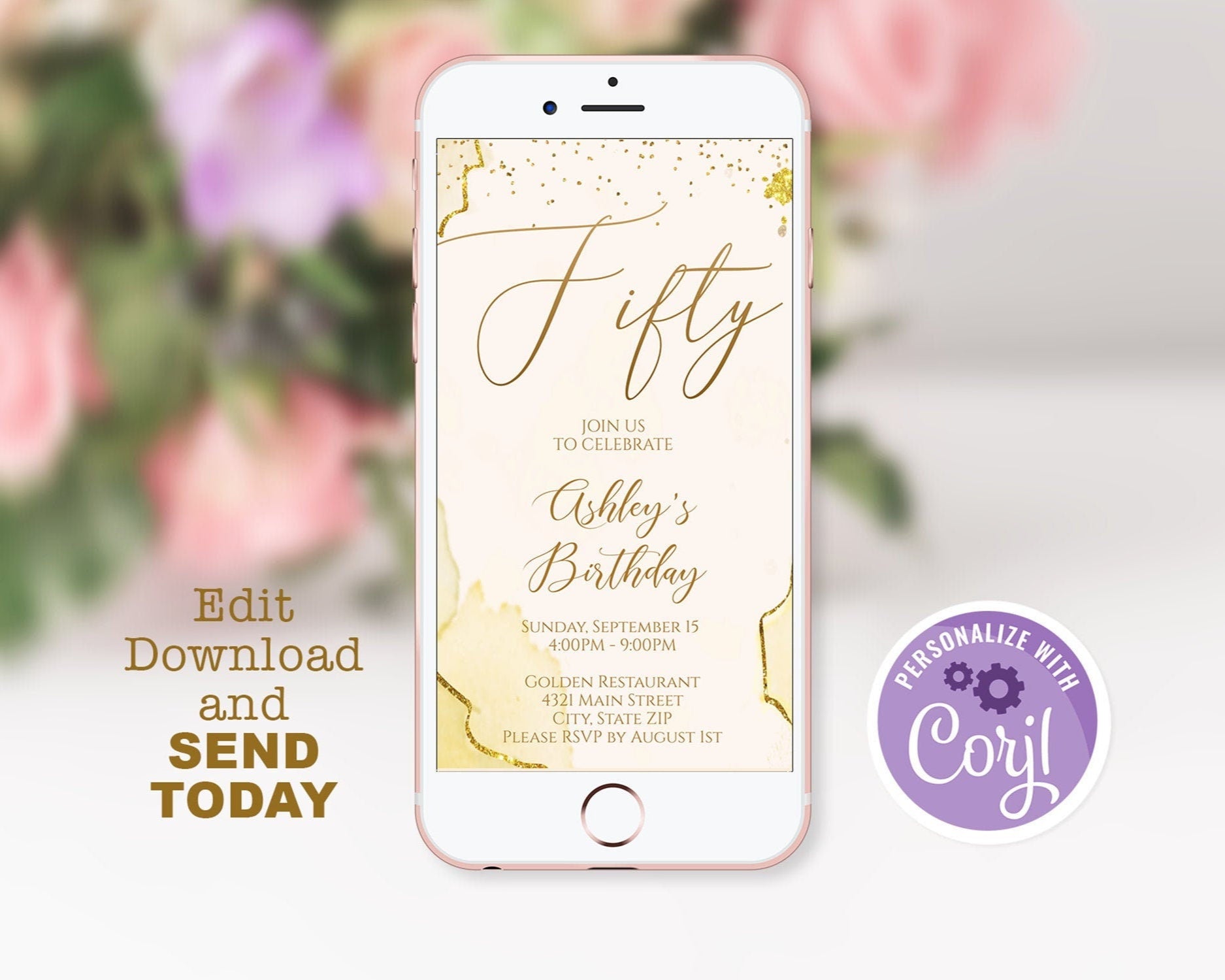 50th Birthday Invite: Gold, Beige, Instant Download - Celebrate Fifty