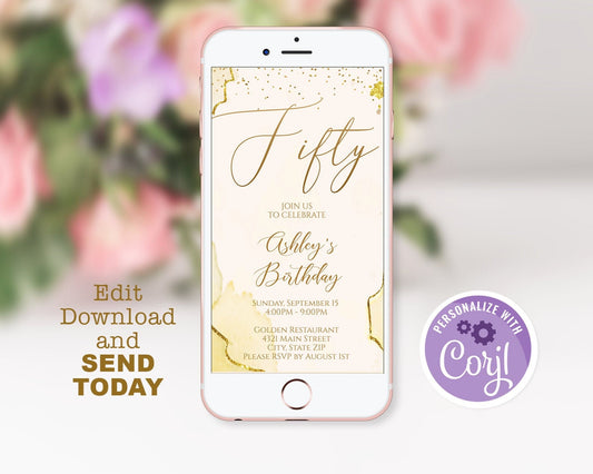50th Birthday Invite: Gold, Beige, Instant Download - Celebrate Fifty
