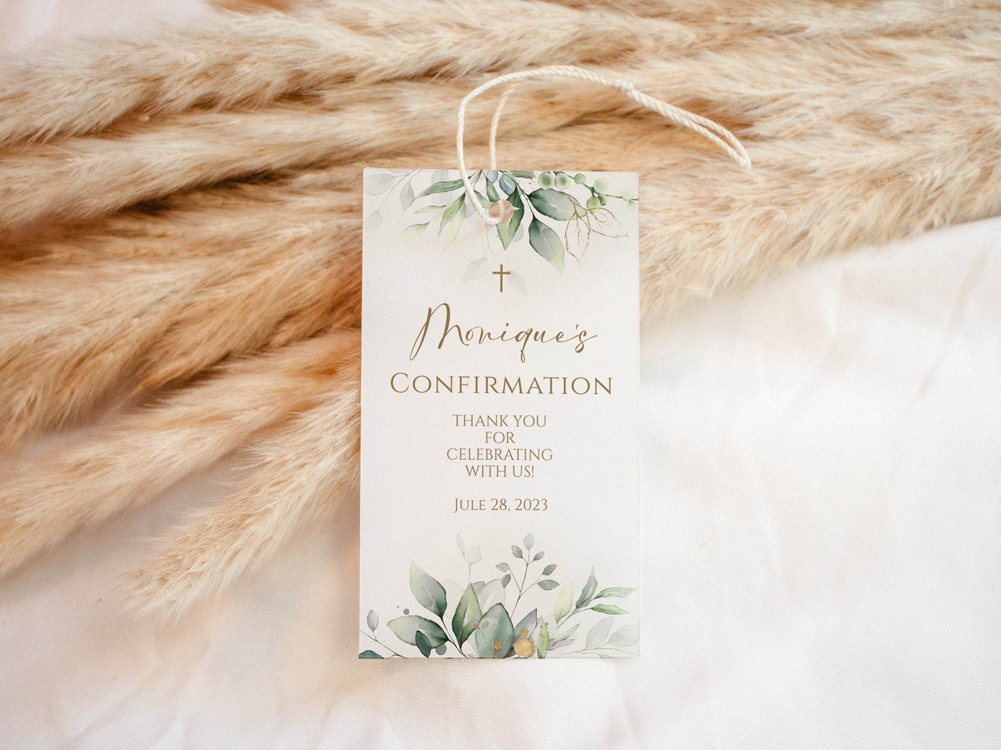 Greenery Confirmation Thank You Tag Template, Printable Favor Tag, Eucalyptus Gold Cross, Boho Sage Leaves, Editable Boy Girl Tag Download