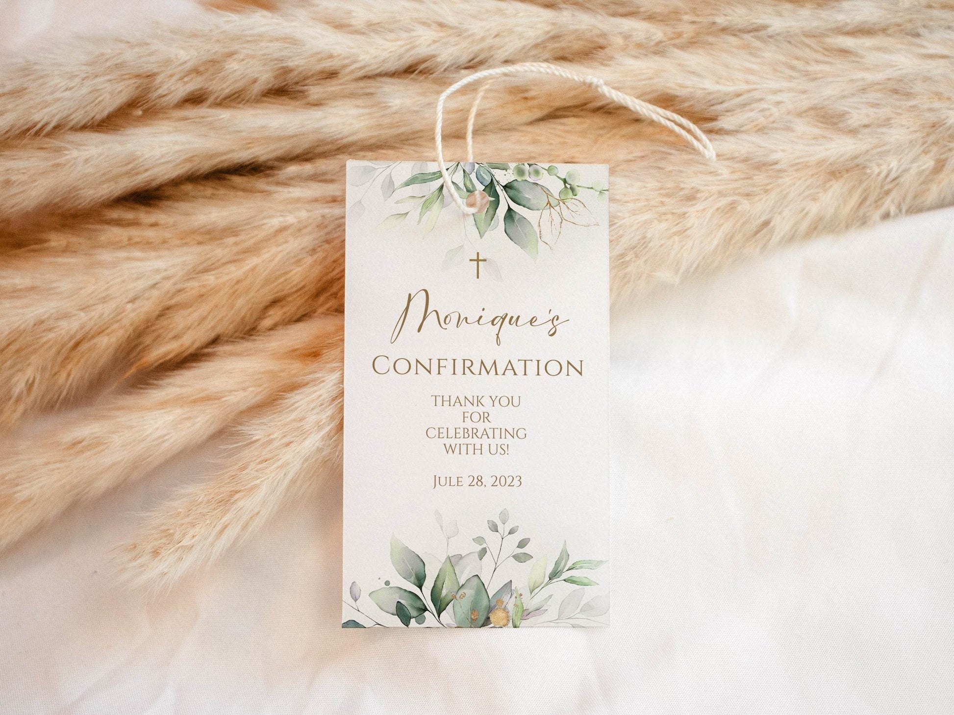 Greenery Confirmation Thank You Tag Template, Printable Favor Tag, Eucalyptus Gold Cross, Boho Sage Leaves, Editable Boy Girl Tag Download