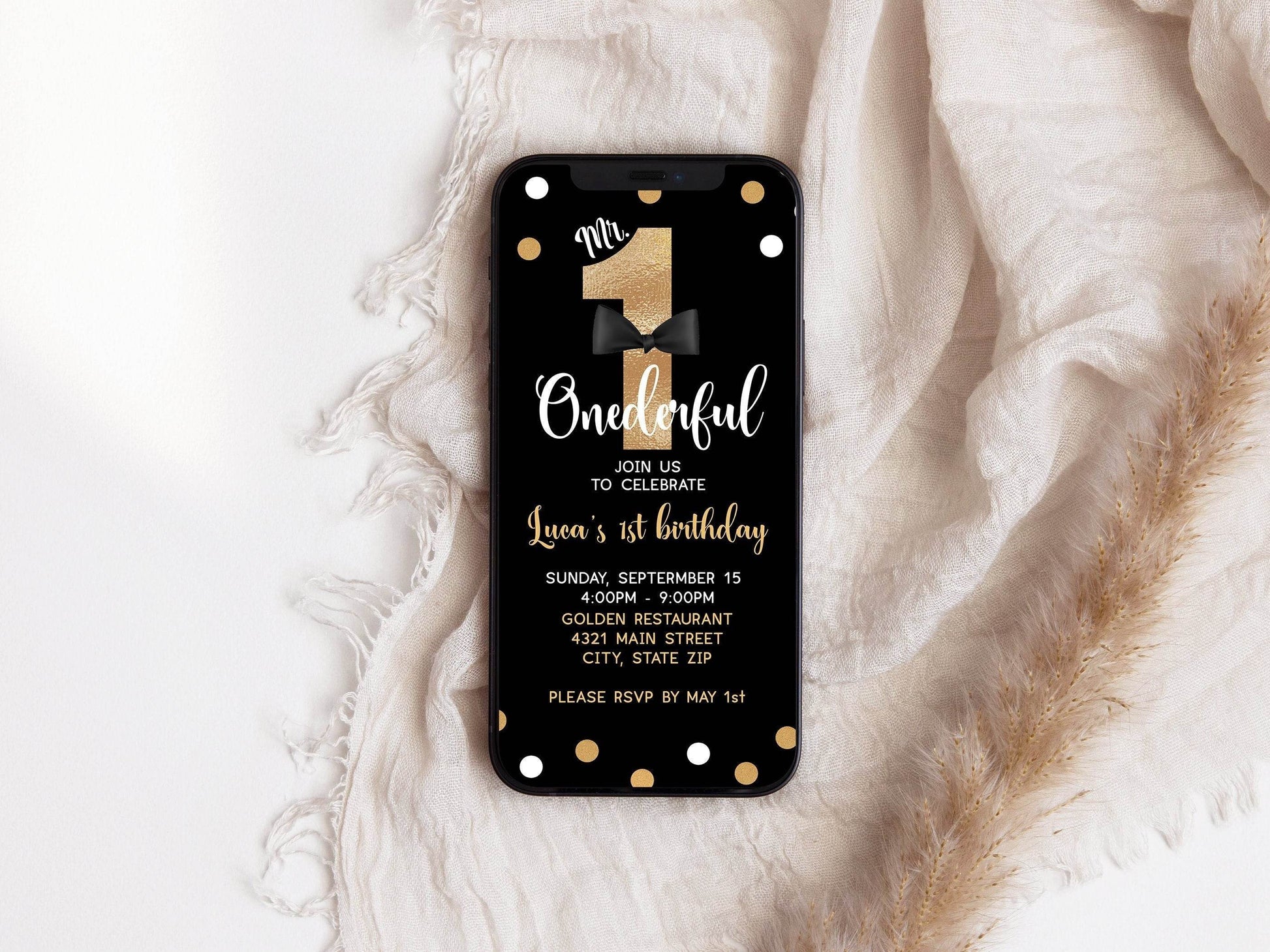 Mr. ONEderful First Birthday Invitation, Electronic Editable Template, Digital Text or Email Invite, 1st Birthday Phone Evite, Instant Download