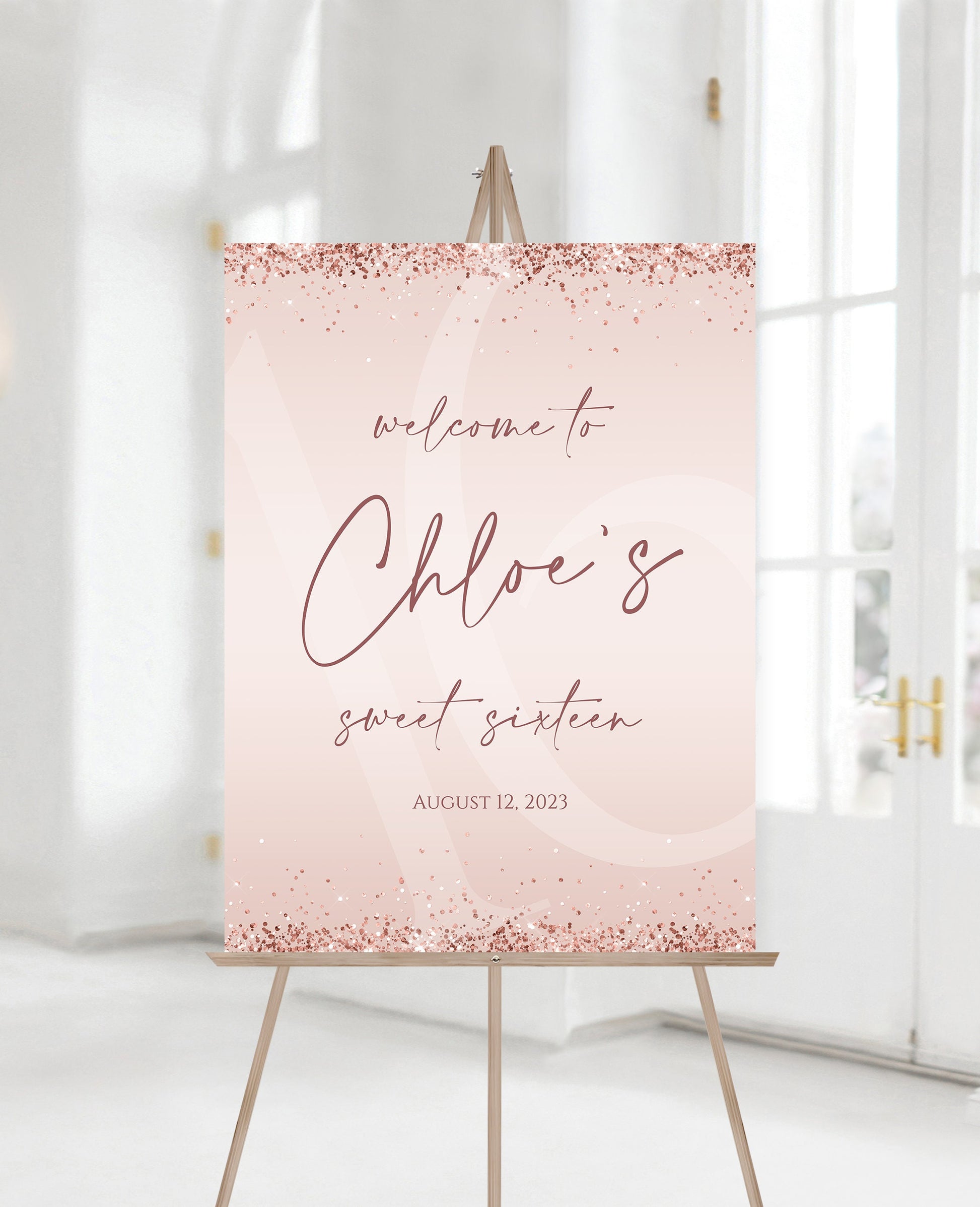 Editable 16th Sweet Sixteen Birthday Party Welcome Sign Template, Printable Modern Birthday Welcome Sign, Rose Gold Pink Confetti Board DIY