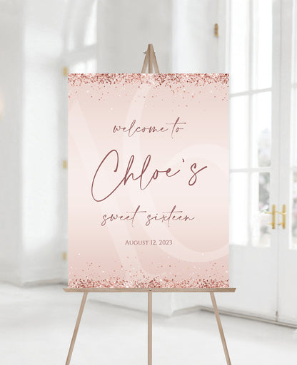 Editable 16th Sweet Sixteen Birthday Party Welcome Sign Template, Printable Modern Birthday Welcome Sign, Rose Gold Pink Confetti Board DIY