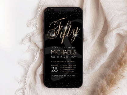 Luxury Digital 50th Fifty Birthday Invitation Template, Black Gold Electronic Invite, Editable Template, Email Text Message Evite For Men