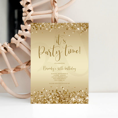 Gold Party Time Invitation Template - Luxury Editable Design
