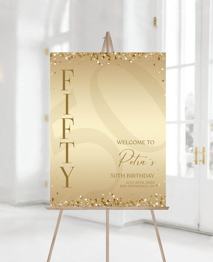 50th Birthday Welcome Sign Template | Editable Gold Party Sign | Printable Elegant Fifty Welcome Poster | DIY Luxury Birthday Decoration