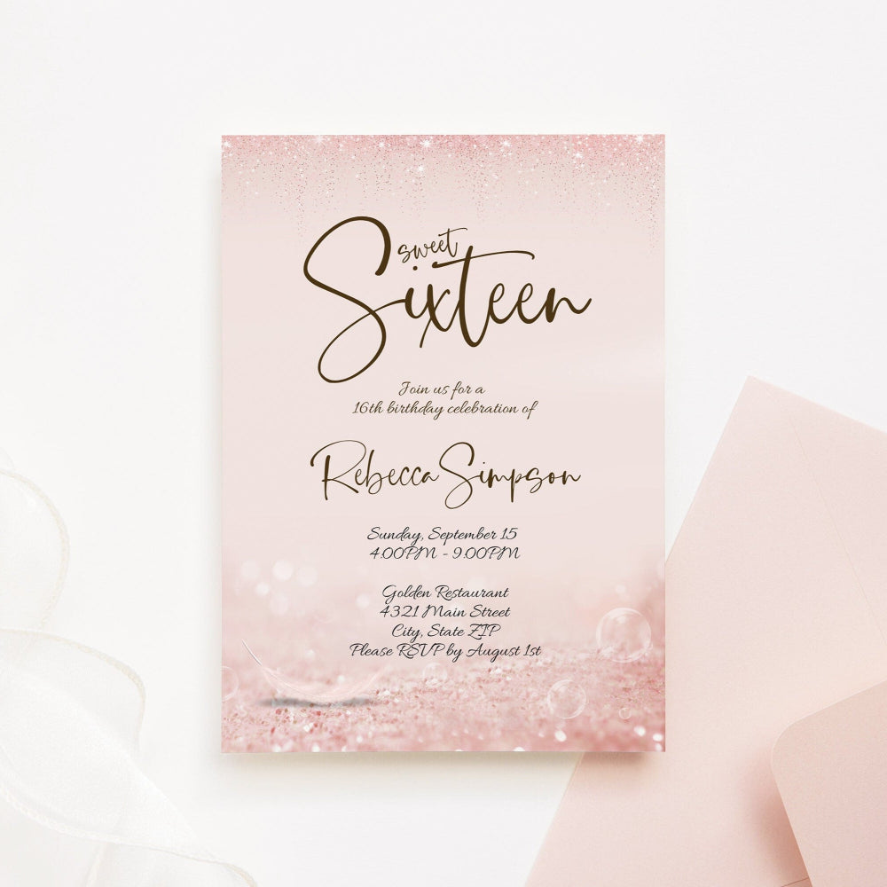 Sweet Sixteen Birthday Party Invitation – Rose Gold & Pink Printable Invite | Editable 16th Birthday Template | Instant Download