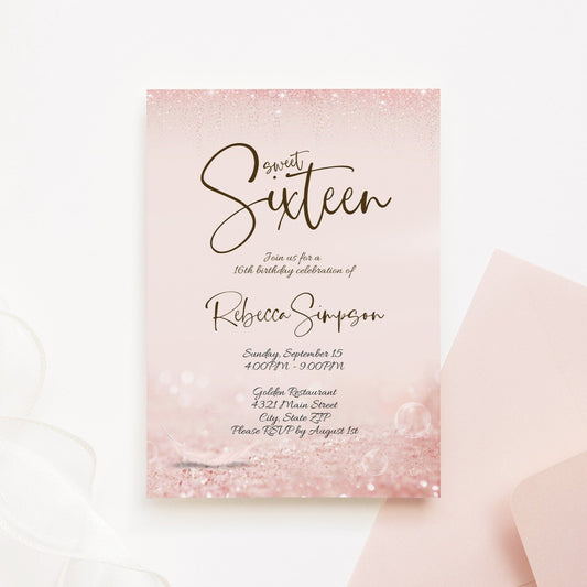 Sweet Sixteen Birthday Party Invitation – Rose Gold & Pink Printable Invite | Editable 16th Birthday Template | Instant Download