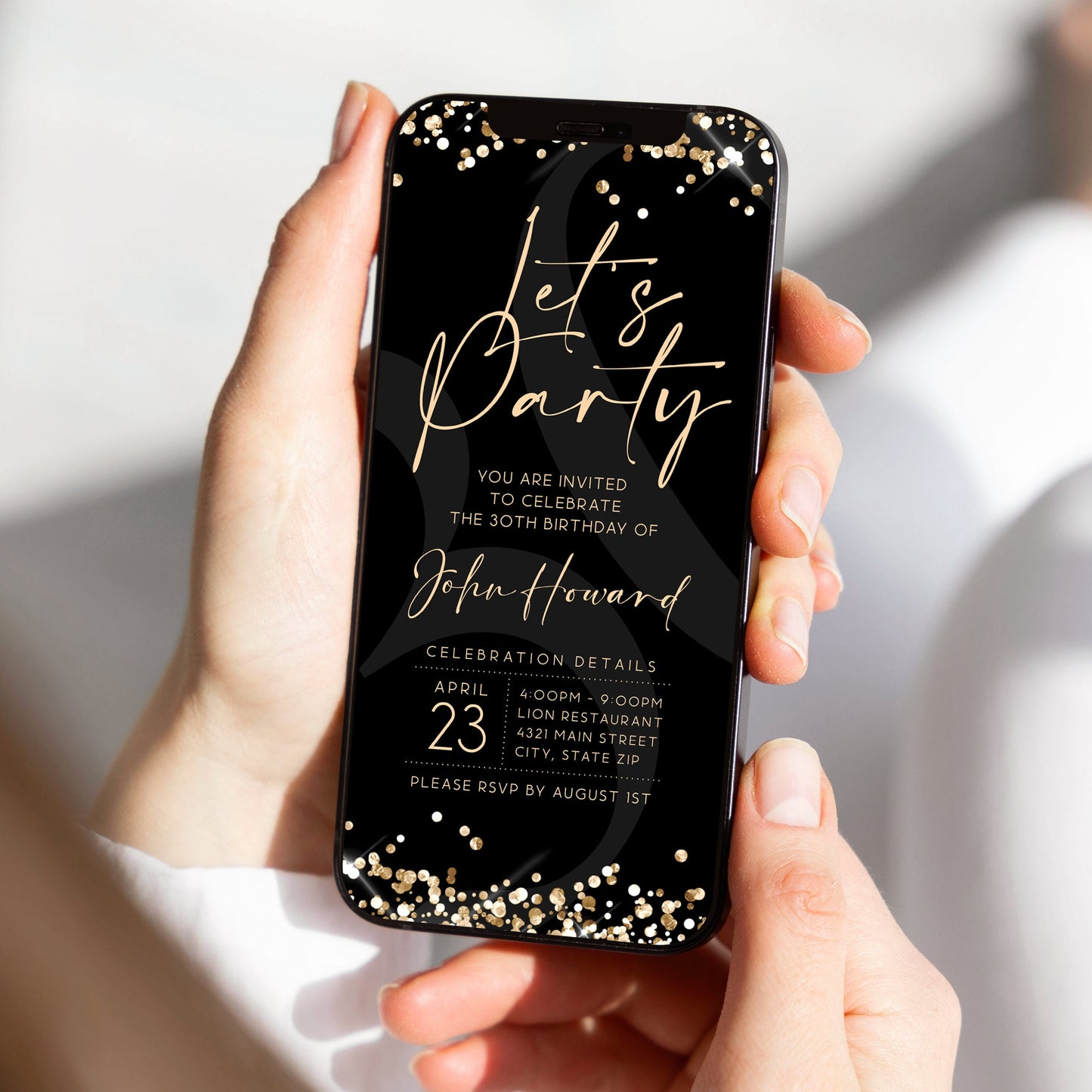 Black Gold "Let’s Party" Digital Invitation | Editable Text Message Evite | Mobile Birthday Invite Template | Instant Download