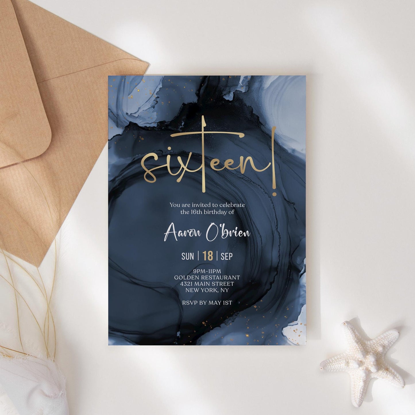 Blue Navy Gold 16th Sixteen Birthday Invitation Template, Printable Boy Birthday Party Invite, Editable Surprise Invite, Digital Download