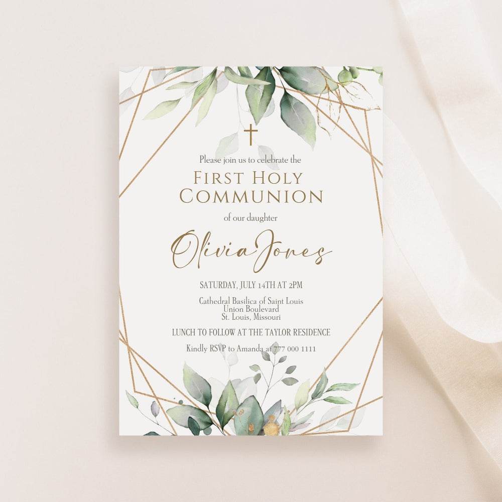 Geometric Greenery First Communion Invitation Template – Printable Editable First Holy Communion Invite – Boy or Girl Communion Card – Instant Download