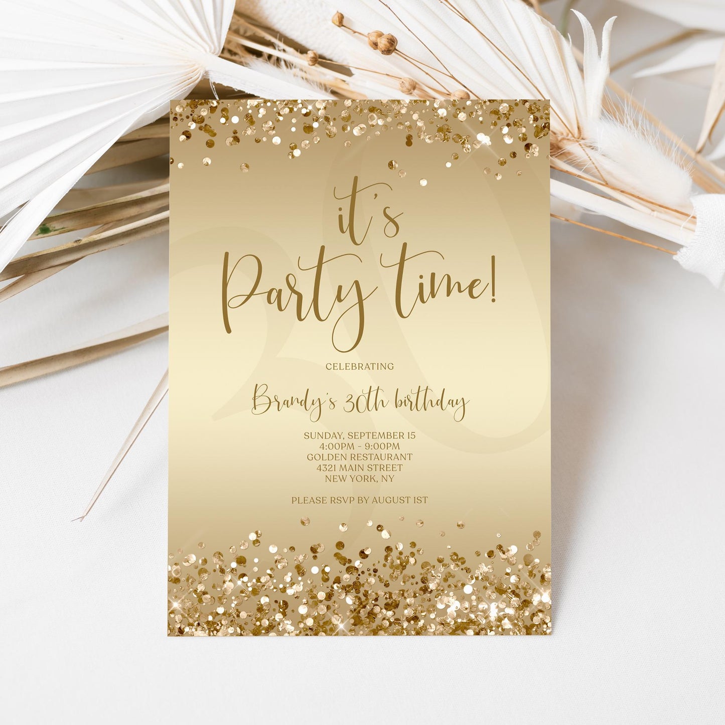 Gold Party Time Invitation Template - Luxury Editable Design