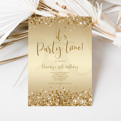 Gold Party Time Invitation Template - Luxury Editable Design