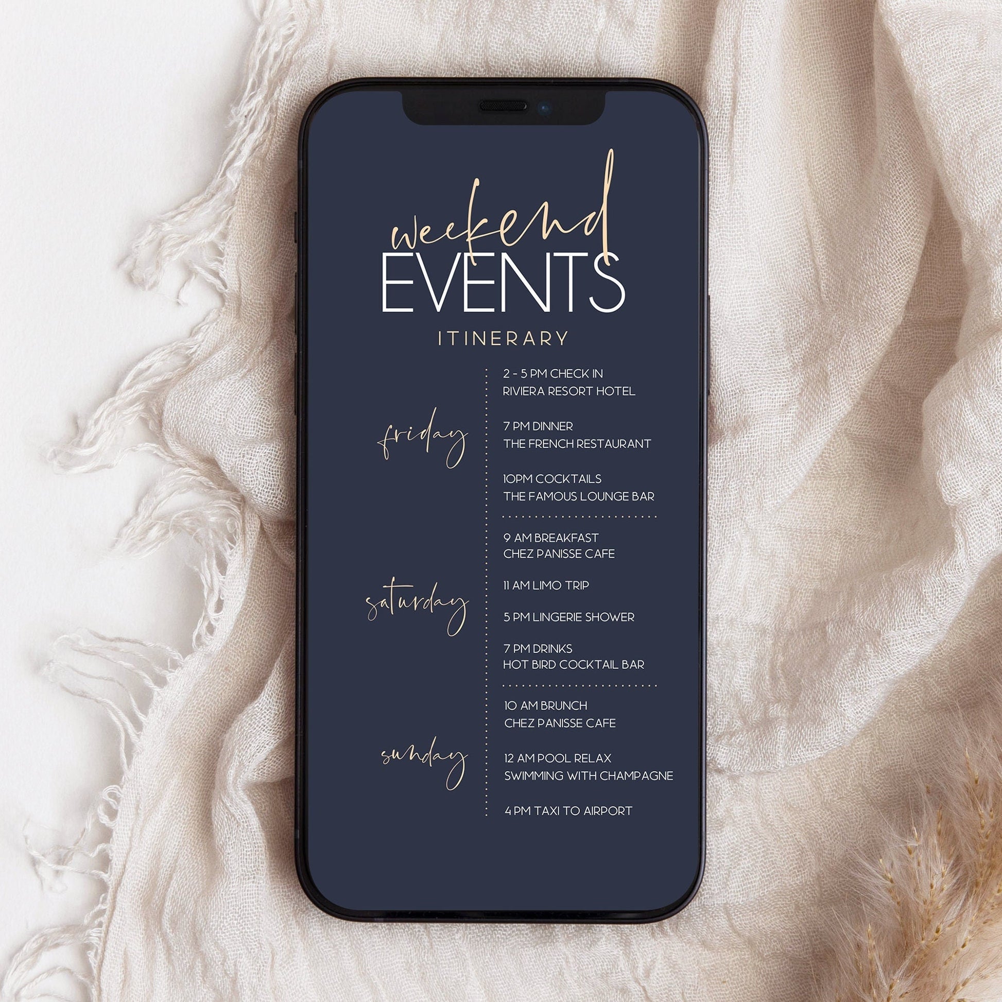 Digital Modern Birthday Weekend Events Itinerary Template, DIY Navy Minimal Birthday Weekend, Electronic Schedule Itinerary, Phone Evite